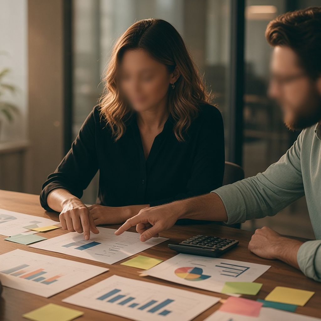 Startup finance team reviewing a budget vs. actual report as part of financial controlling