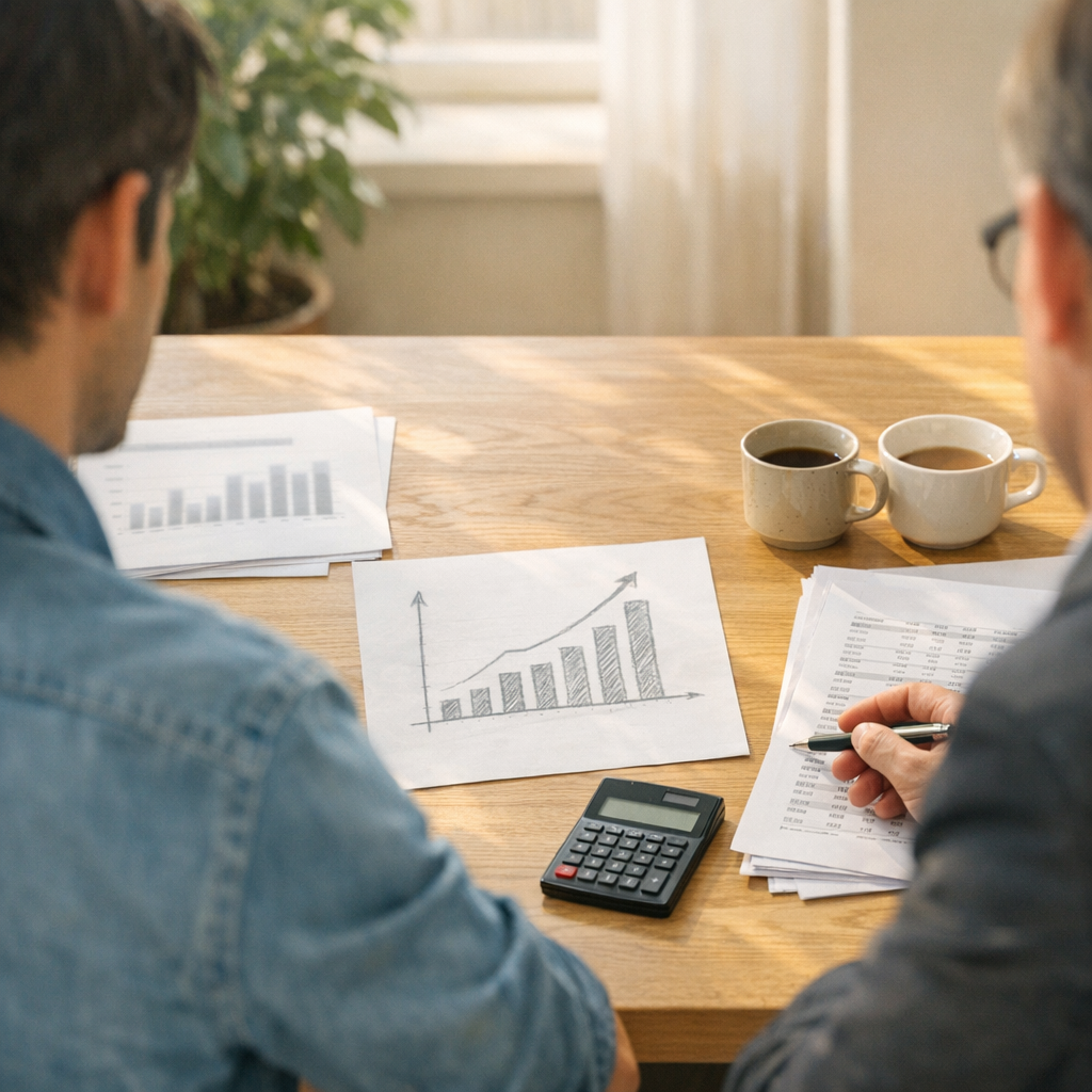 Startup founder and CFO reviewing printed SaaS metrics reports and growth charts at a meeting table