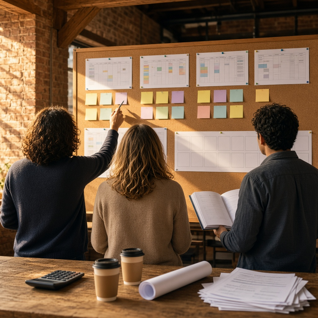 Startup team planning the 2027 budget with printed notes on a cork board during a startup budget planning session